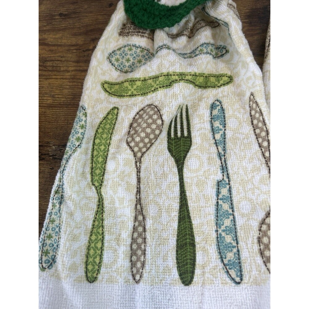 Set Of 2 Hanging Kitchen Towels Crochet Top Spoon Fork Farmhouse Decor Rustic - Picture 3 of 15